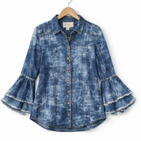 Ryan Michael Tops - Ryan Michael Indigo Blue Tiered Sleeve Western Button Down Shirt Size Medium